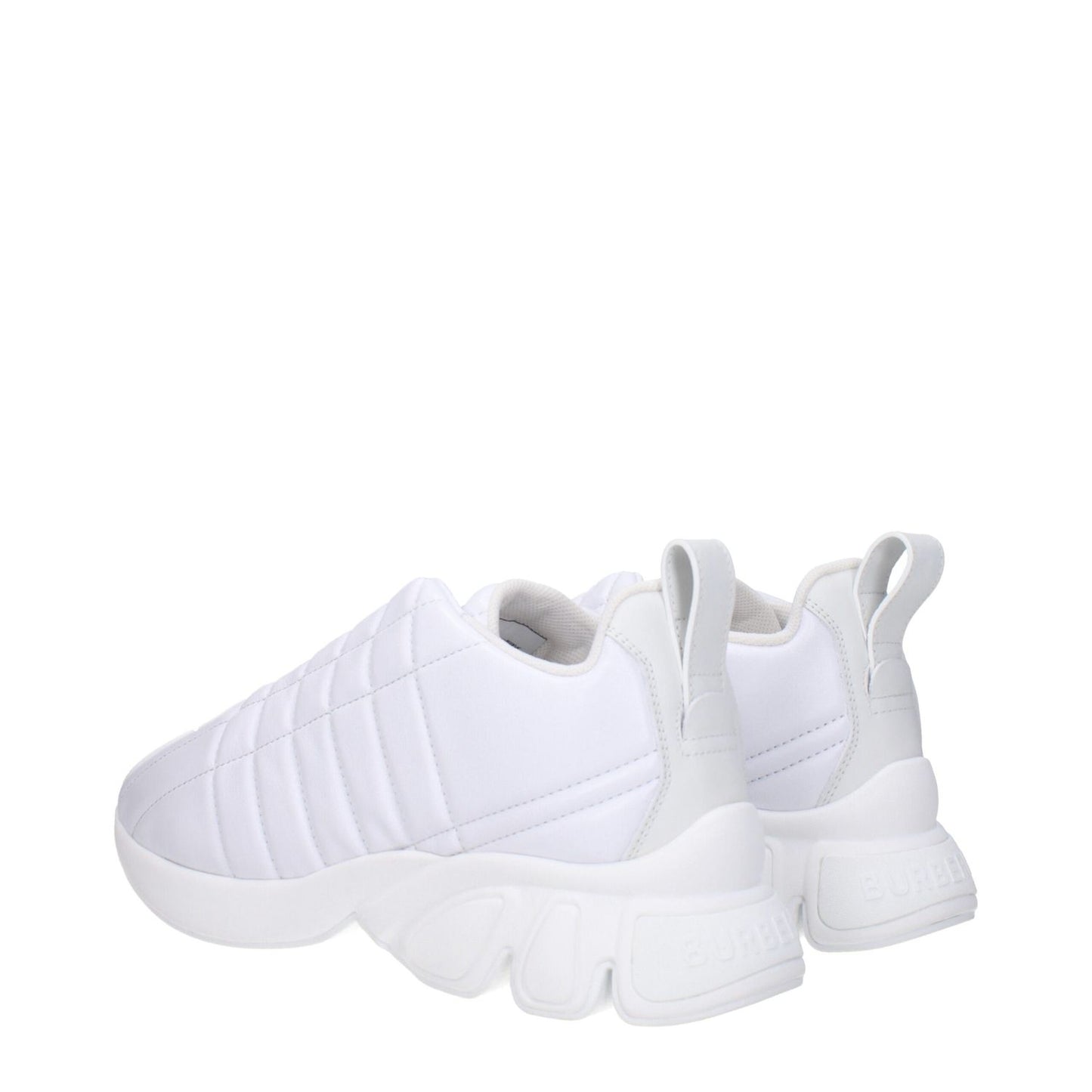Burberry White Leather Sneakers with front and back logo, featuring lace-up closure, rubber sole, mid heels, and round toe design.