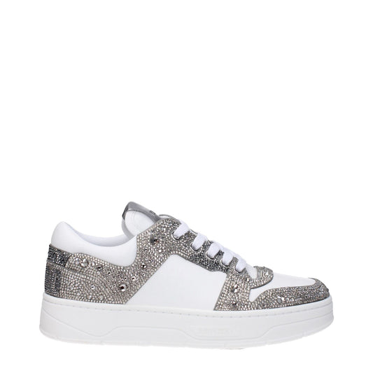Jimmy Choo White Leather Chunky Sneakers with rhinestones, front, back, and side logos, lace-up closure, round toe, and rubber sole.