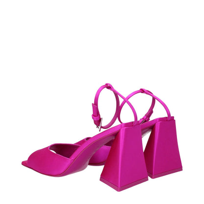 The Attico Pink Satin Stiletto Heel Sandals with buckle closure and open toe design, featuring a mid heel of 8.5 cm.