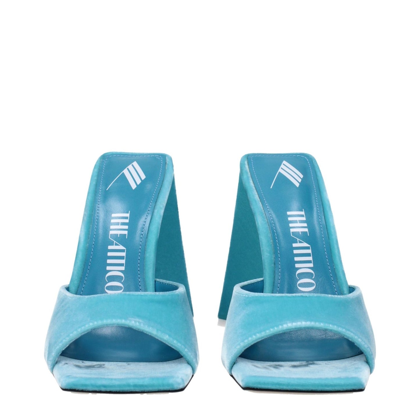The Attico Light Blue Velvet Platform Sandals with open toe and high heel featuring leather sole.