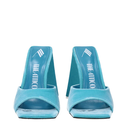 The Attico Light Blue Velvet Platform Sandals with open toe and high heel featuring leather sole.