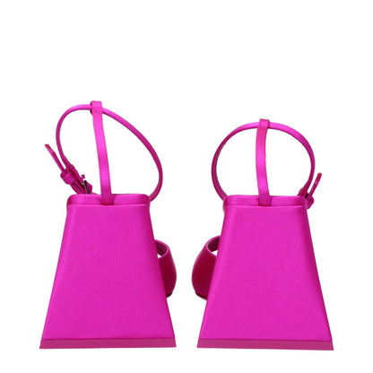 The Attico Pink Satin Stiletto Heel Sandals with buckle closure, open toe, and leather sole, approximately 8.5 cm mid heels, back view.