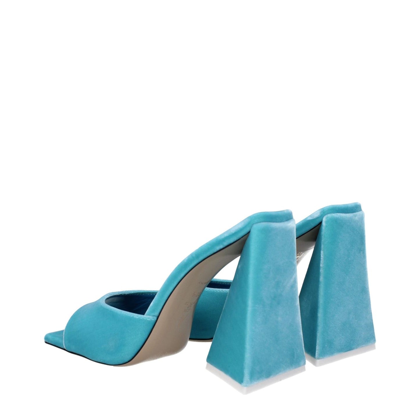 The Attico Light Blue Velvet Platform Sandals with high heels and open toe, in turquoise and leather sole, side view.