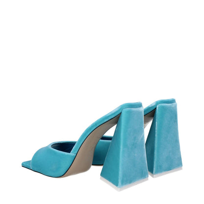 The Attico Light Blue Velvet Platform Sandals with high heels and open toe, in turquoise and leather sole, side view.
