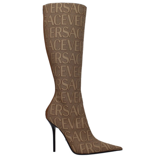 Versace Beige Fabric High Heel Boots with logo, zip closure, pointy toe, leather sole, 11 cm heel, high heel style, brown accents.