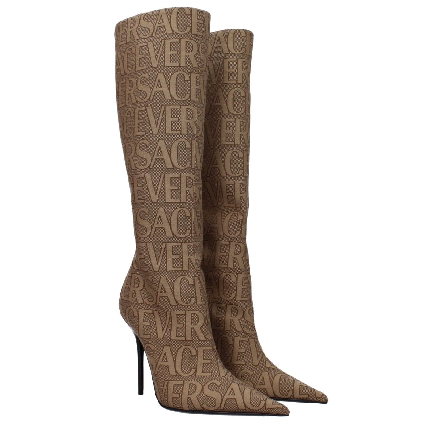 Versace Beige Fabric High Heel Boots with logo design, pointy toe, and 11 cm heel. Zip closure, leather sole, and brown accents.