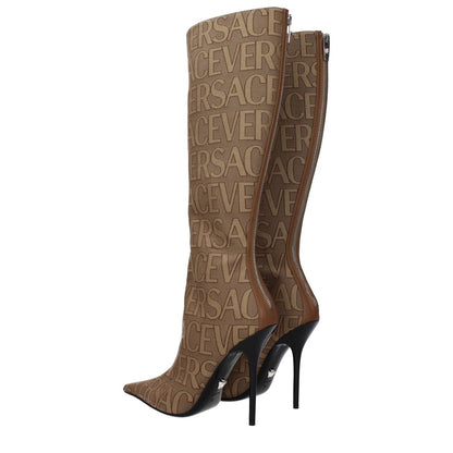 Versace Beige Fabric High Heel Boots with logo, leather sole, 11 cm pointed high heel, and zip closure; elegant casual style.