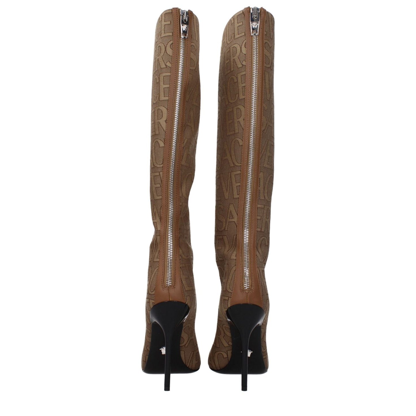 Versace Beige Fabric High Heel Boots with zip closure and logo design, featuring a leather sole and pointy toe.