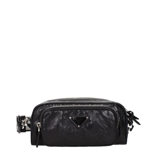 Prada Black Leather Crossbody Bag with adjustable strap, zip closure, front logo, silver details, and pockets. MPN 1BH198UVL4OOF0002.