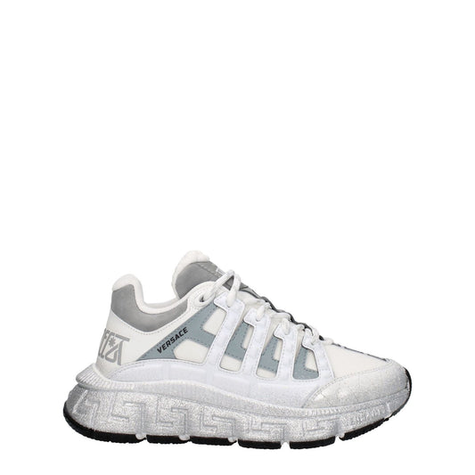 Versace White Fabric Athletic Sneakers with logos and lace-up closure, leather materials, rubber sole, 5 cm heel, round toe, silver accents.