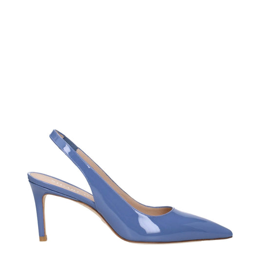 Stuart Weitzman Light Blue Leather High Heel Pumps with pointy toe and mid heels. Patent leather casual slingback shoe with steel blue hue.