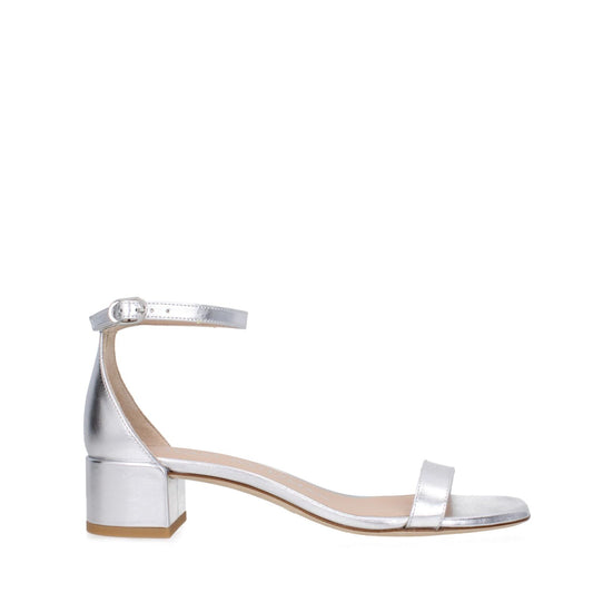 Stuart Weitzman Gray Leather Flat Sandals with open toe and buckle closure, silver leather with mid heels, MPN NUDISTCURVE35LIDSA535SILVER