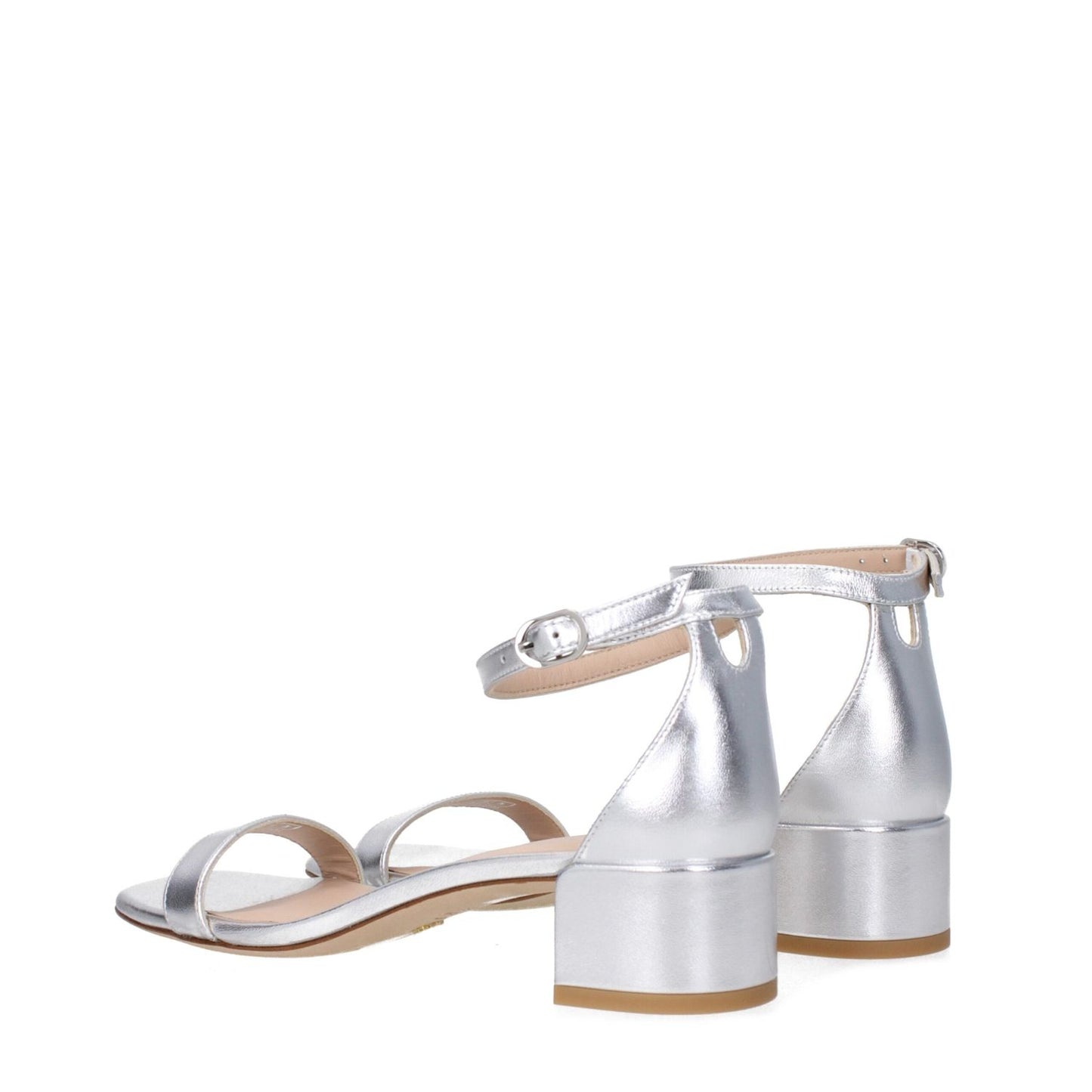 Stuart Weitzman Gray Leather Flat Sandals with silver leather, mid heels, and buckle closure.