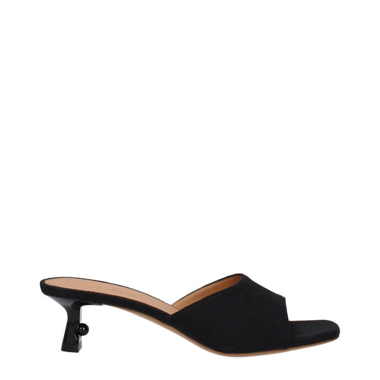Off-White Black Linen Flat Sandals with mid heels, leather sole, and open toe design.