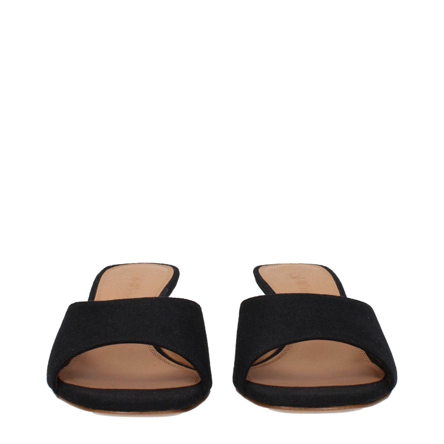 Off-White Black Linen Flat Sandals with open toe design and leather sole, featuring a mid heel height of 5 cm.