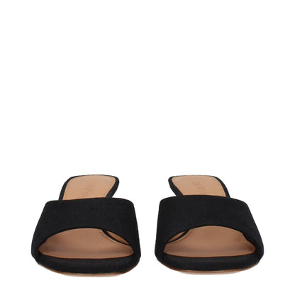Off-White Black Linen Flat Sandals with open toe design and leather sole, featuring a mid heel height of 5 cm.