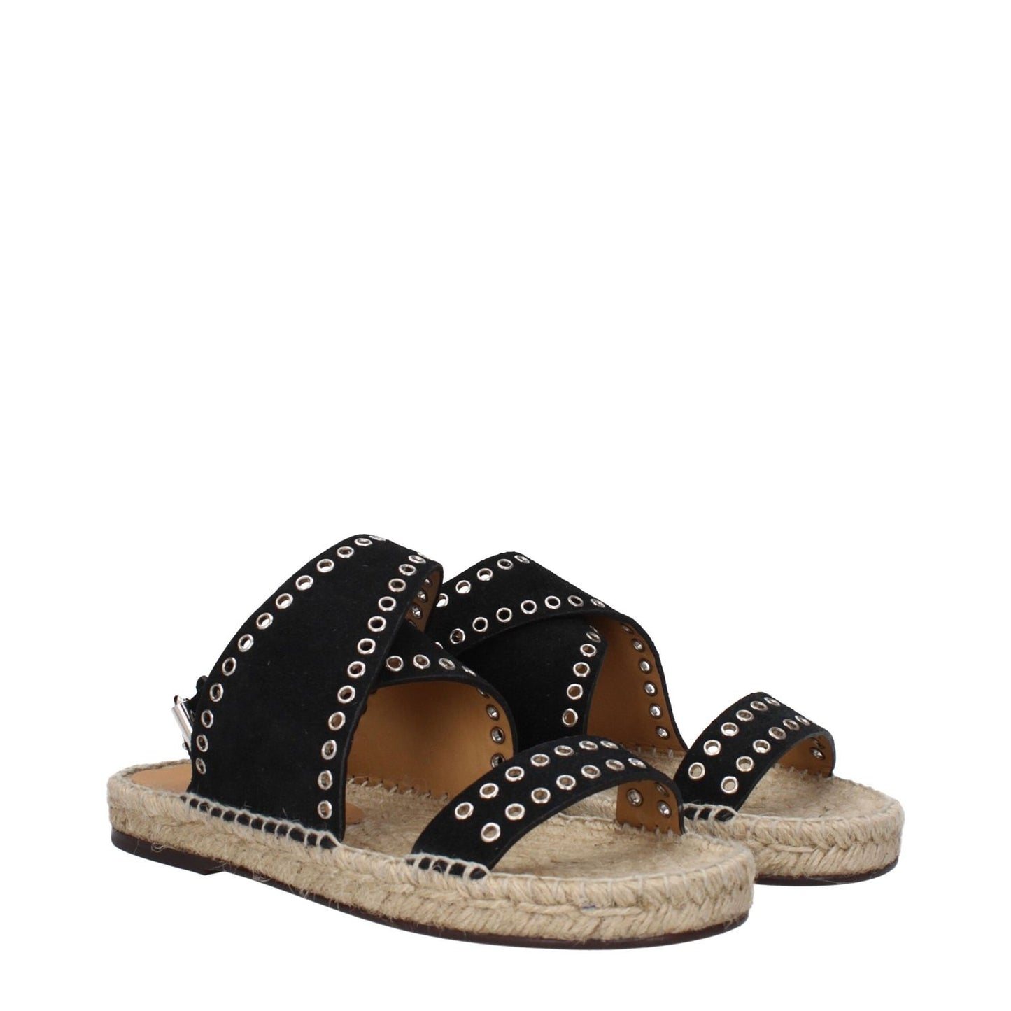 Isabel Marant Black Leather Flat Sandals with studded design and open toe, featuring black suede and silver buckle closure.