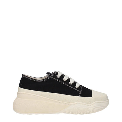 Stella McCartney Black Fabric Chunky Sneakers with rubber sole and lace-up closure, featuring a front logo. Round toe, mid heels.