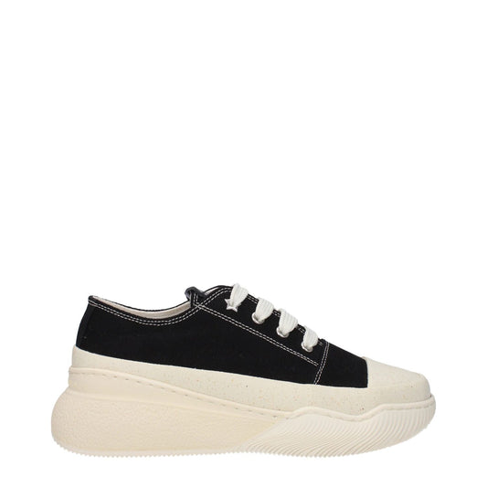 Stella McCartney Black Fabric Chunky Sneakers with rubber sole, lace-up closure, and mid heels, featuring a front logo.