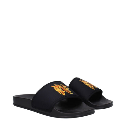 Palm Angels Black Fabric Slippers with rubber sole and open toe design featuring front logo.