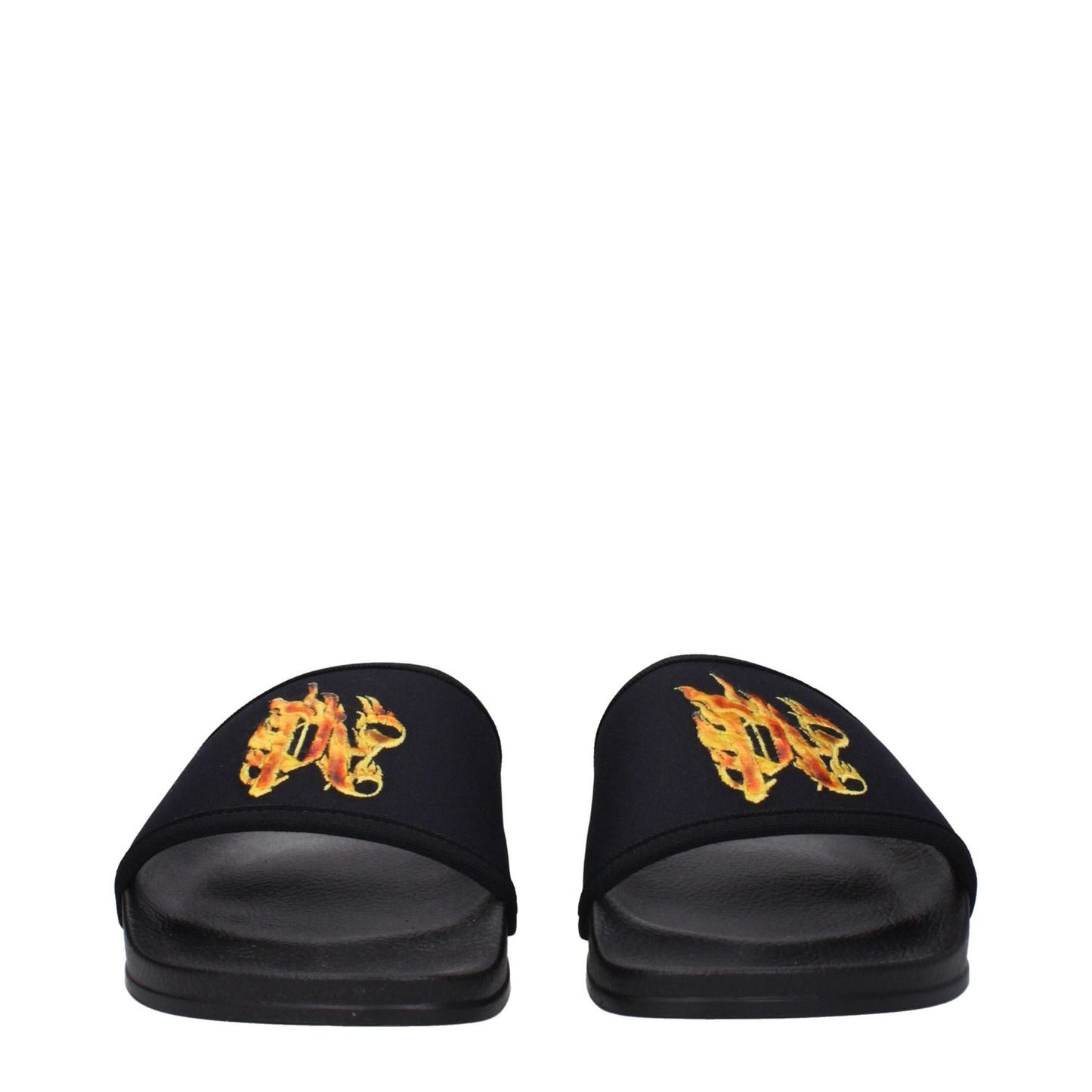 Palm Angels Black Fabric Slippers with Logo, Open Toe, Rubber Sole.