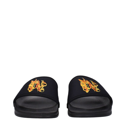 Palm Angels Black Fabric Slippers with Logo, Open Toe, Rubber Sole.