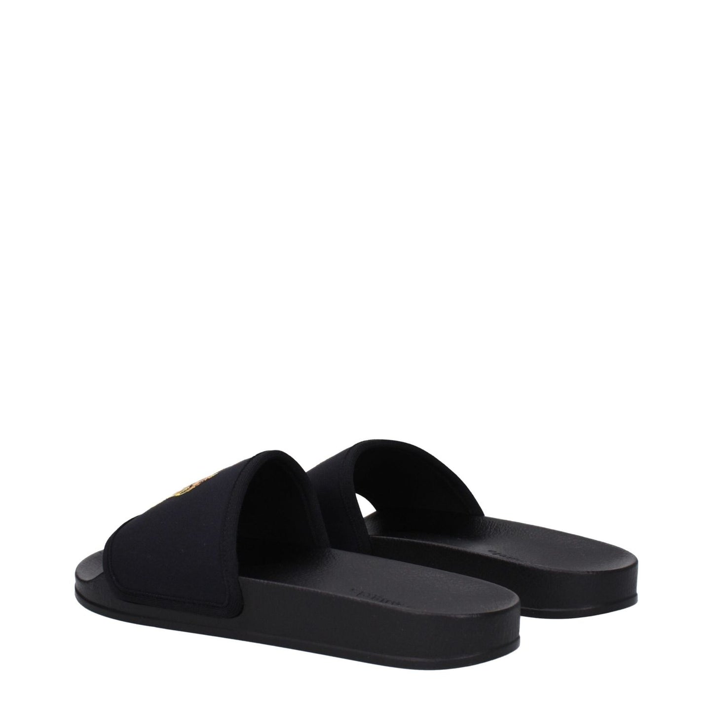 Palm Angels Black Fabric Slippers with rubber sole and open toe design featuring front logo.
