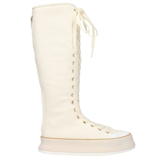Max Mara Beige Fabric Lace-Up Boots with vintage effect, round toe, wedge heel, and rubber sole. Style: Casual, Closure: Lace up.