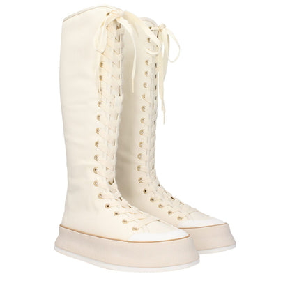 Max Mara Beige Fabric Lace-Up Boots with vintage effect, casual style, rubber sole, wedge heel, and round toe.
