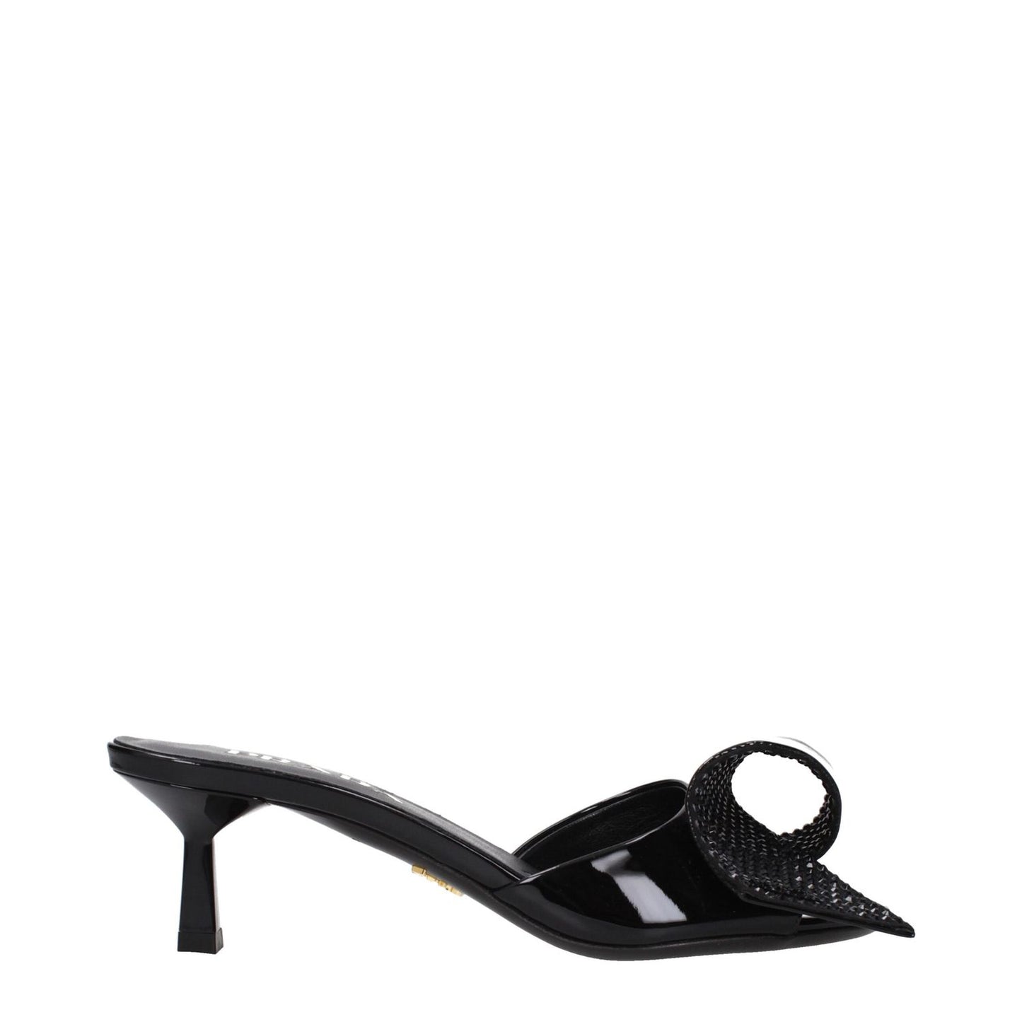 Prada Black Leather Sandals with open toe and mid heels, featuring a stylish front detail and leather sole, MPN 1XX6913LOC055F0002.