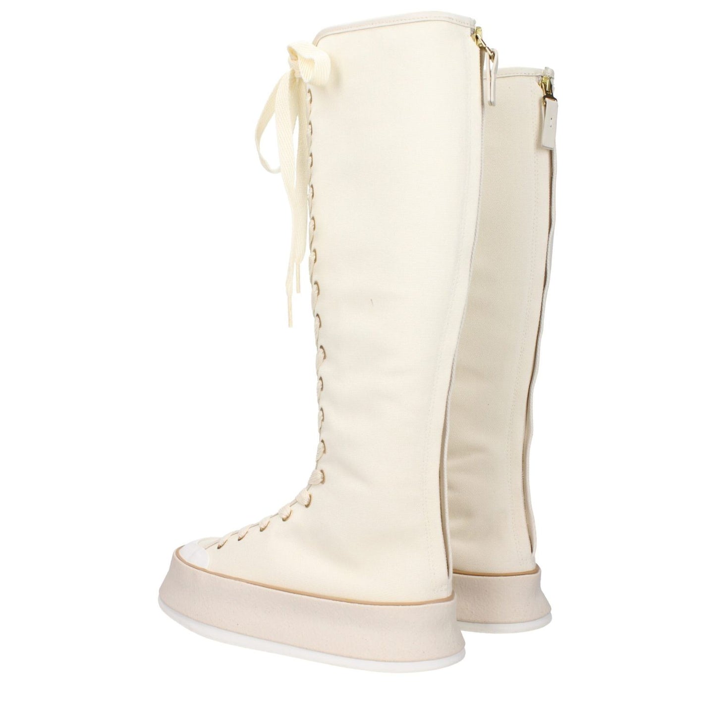 Max Mara Beige Fabric Lace-Up Boots with vintage effect, canvas color, round toe, and wedge heel, MPN 24147910316001.