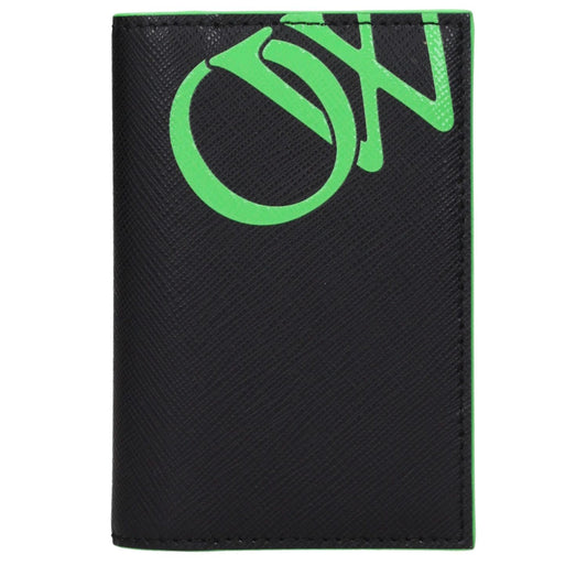 Off-White Black Leather Cardholder with green accents and logo design.