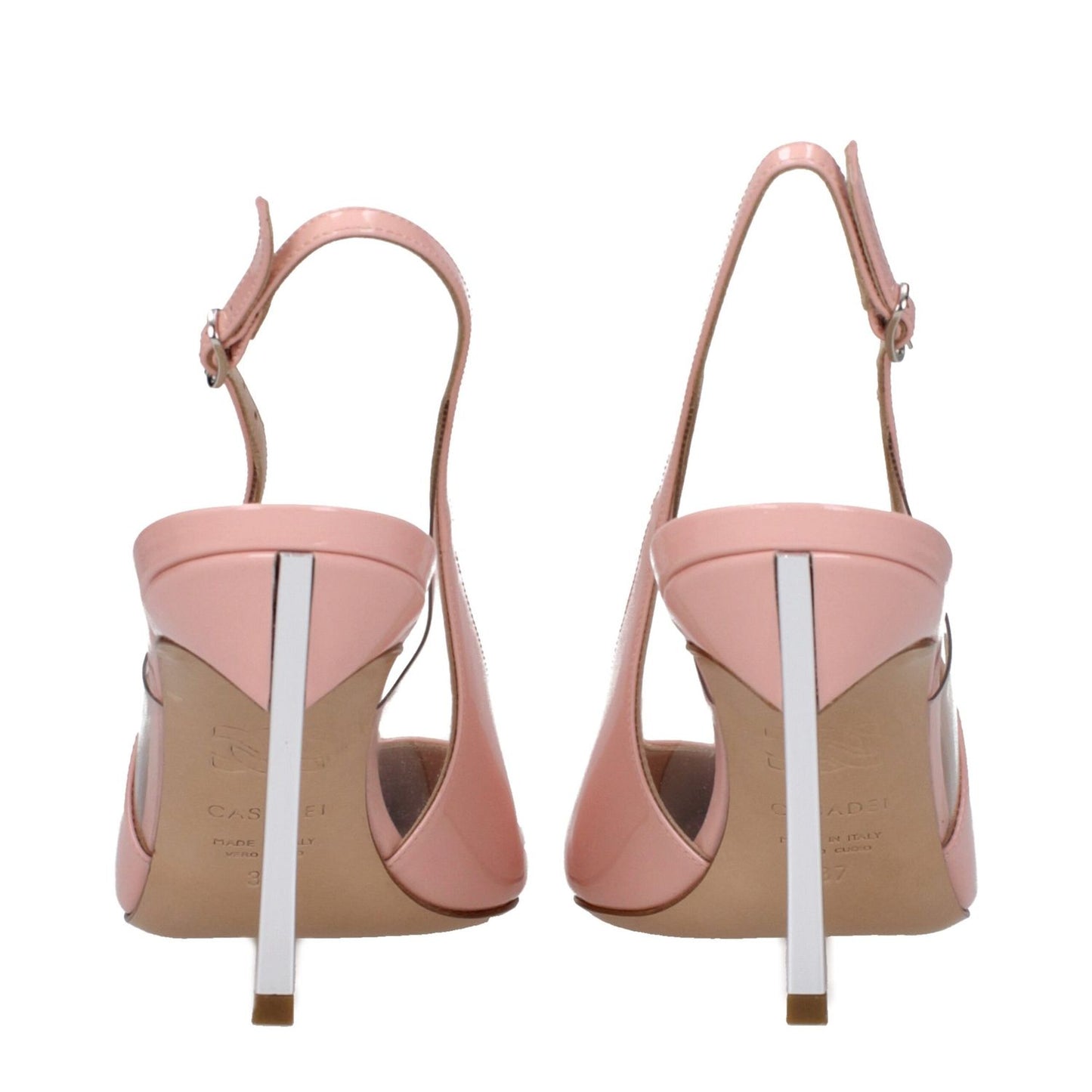 Back view of Casadei Pink Leather High Heel Pumps with buckle closure and pointy toes.