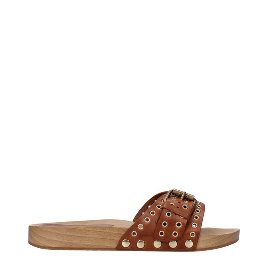 Isabel Marant Brown Leather Slippers with buckle closure, rubber sole, open toe, and low flat heel, style: casual, secondary color: cognac.