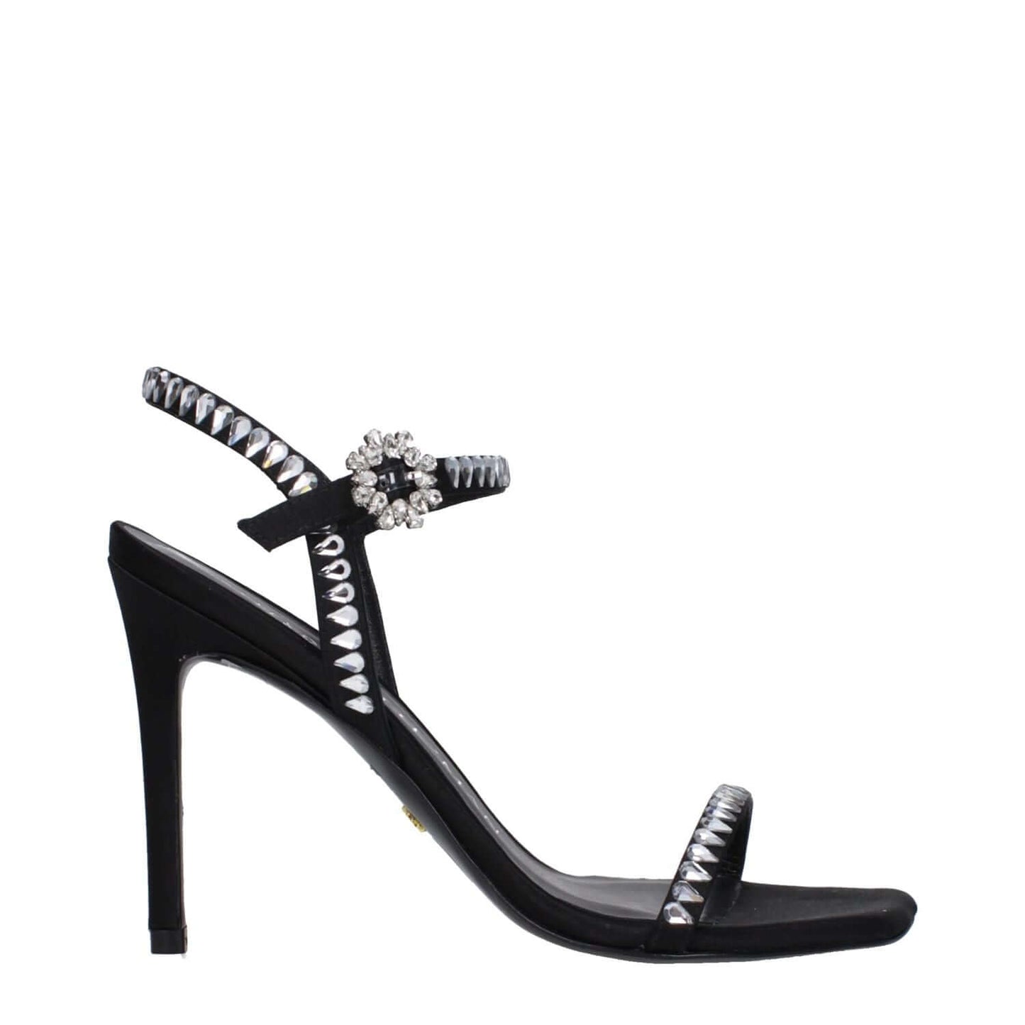 Stuart Weitzman Black Satin Stiletto Heel Sandals with rhinestone details and buckle closure, featuring a 10 cm high heel and open toe design.