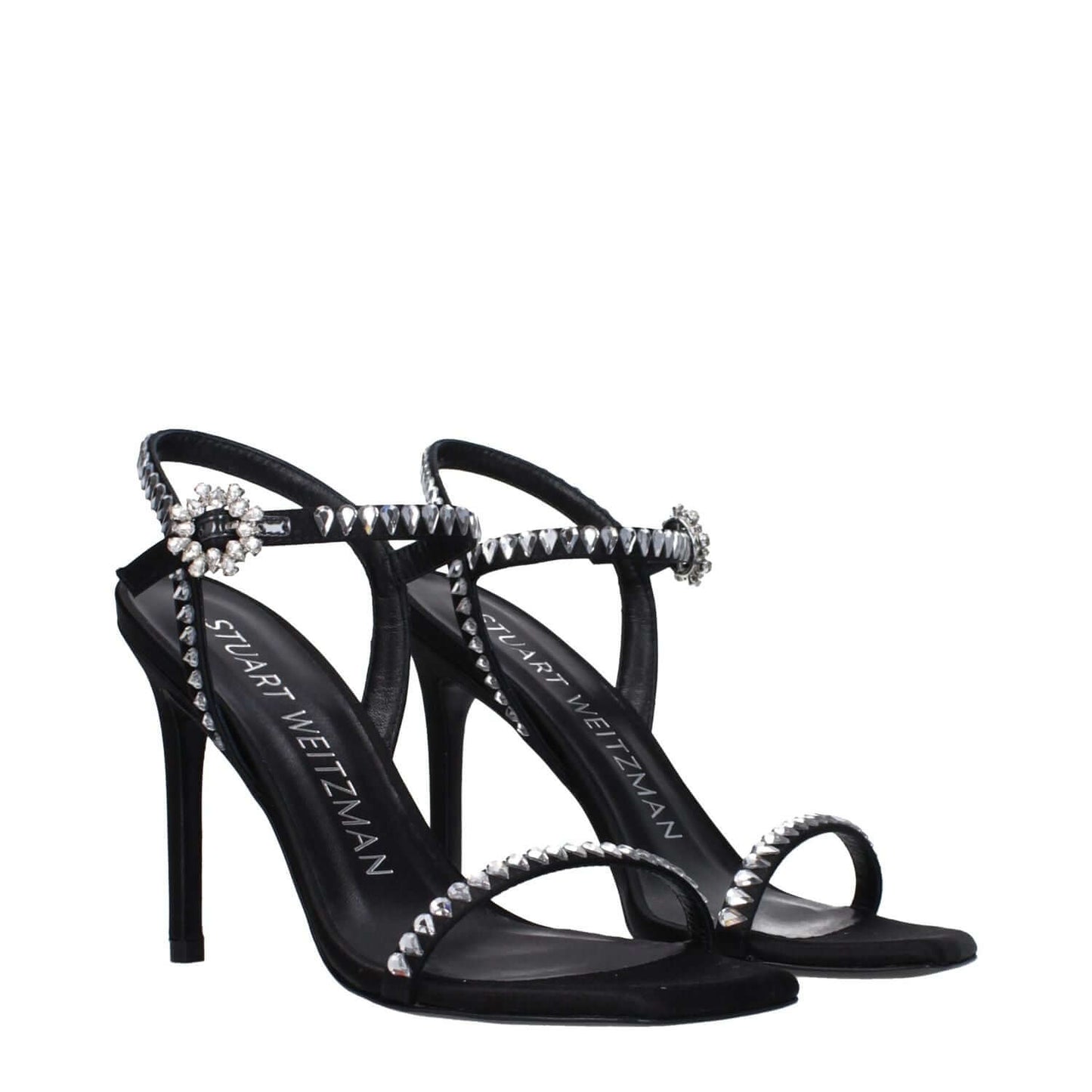 Stuart Weitzman Black Satin Stiletto Heel Sandals with rhinestone detail, high heel, buckle closure, open toe, and leather sole.