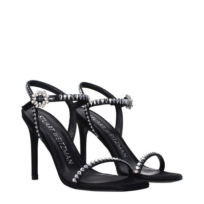 Stuart Weitzman Black Satin Stiletto Heel Sandals with rhinestone detail, high heel, buckle closure, open toe, and leather sole.