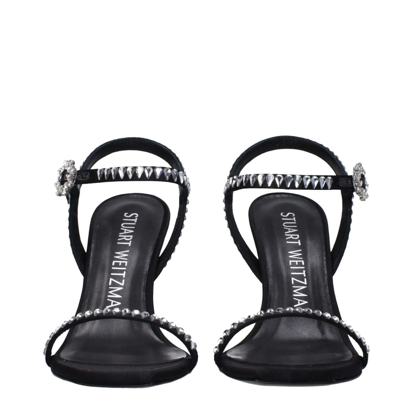 Stuart Weitzman Black Satin Stiletto Heel Sandals with rhinestone accents and buckle closure, high heel, and open toe design.