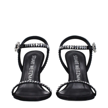 Stuart Weitzman Black Satin Stiletto Heel Sandals with rhinestone accents and buckle closure, high heel, and open toe design.