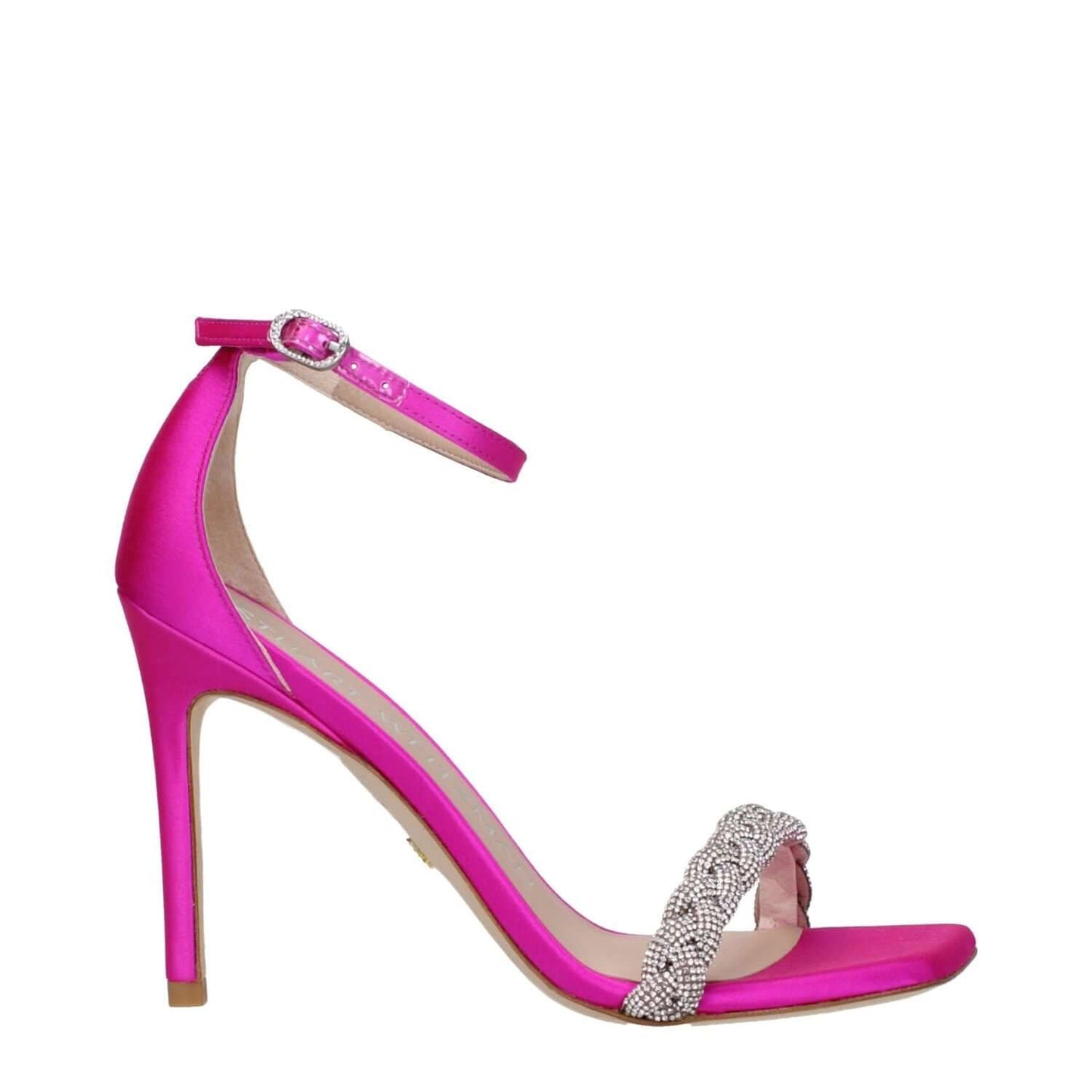 Stuart Weitzman Pink Satin Stiletto Heel Sandals with rhinestone accents, open toe, buckle closure, high heel, and leather sole.