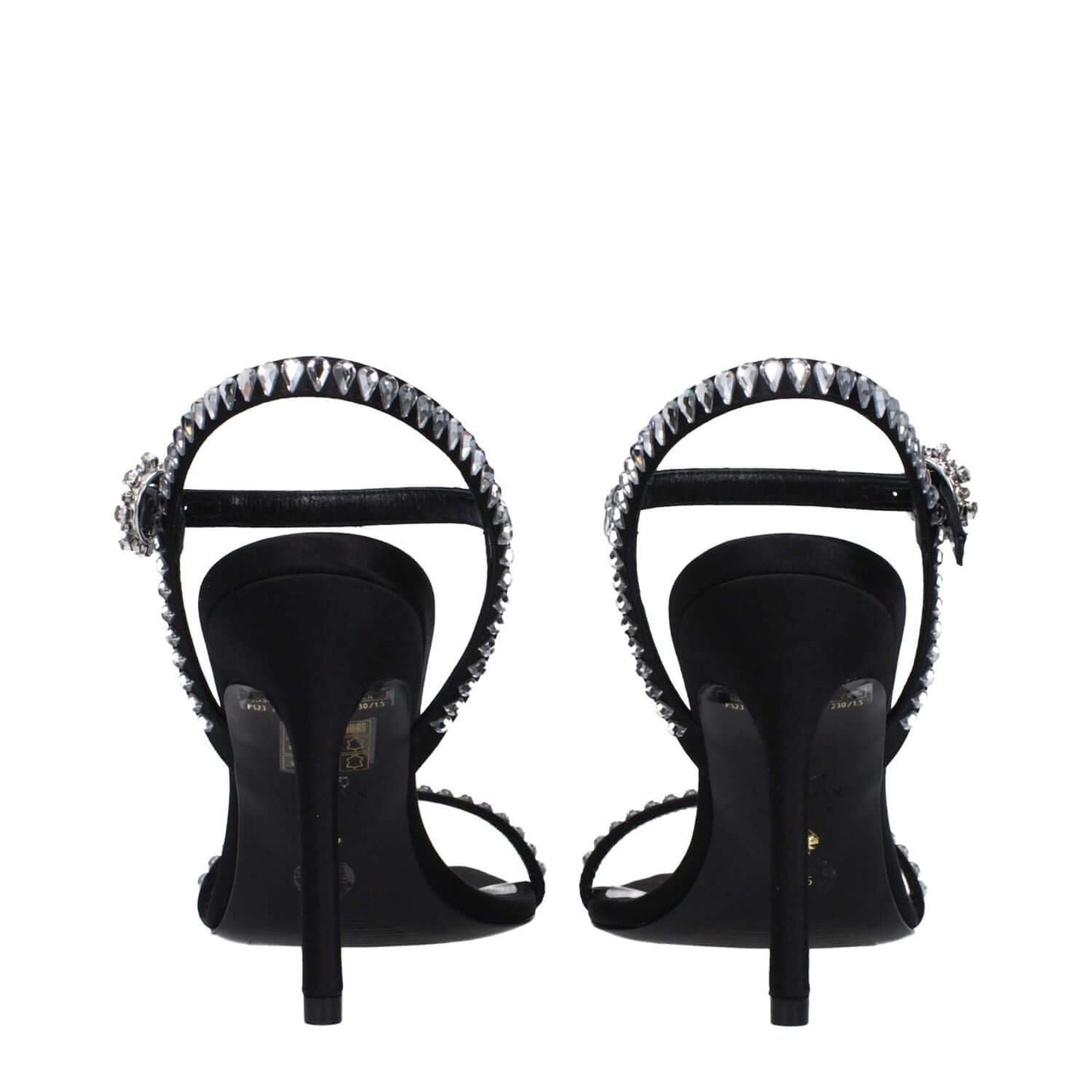Stuart Weitzman Black Satin Stiletto Heel Sandals with rhinestones, open toe, and buckle closure, showing rear view of high heel design.