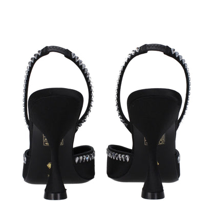 Stuart Weitzman Black Satin Stiletto Heel Sandals with rhinestones, leather sole, pointy toe and high heel, rear view