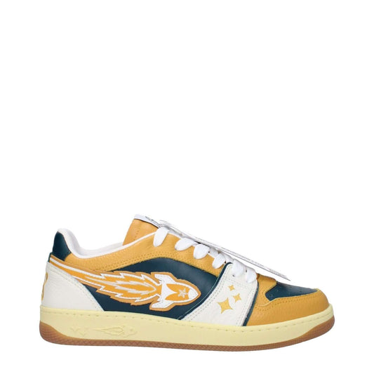 Enterprise Japan Green Leather Low Top Sneakers with lace-up closure, round toe, rubber sole, and mustard accents.