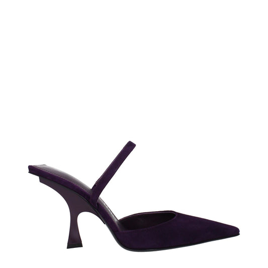 The Attico Purple Leather Stiletto Heel Sandals with high heel, pointy toe, and amaranth suede, perfect for a casual style.