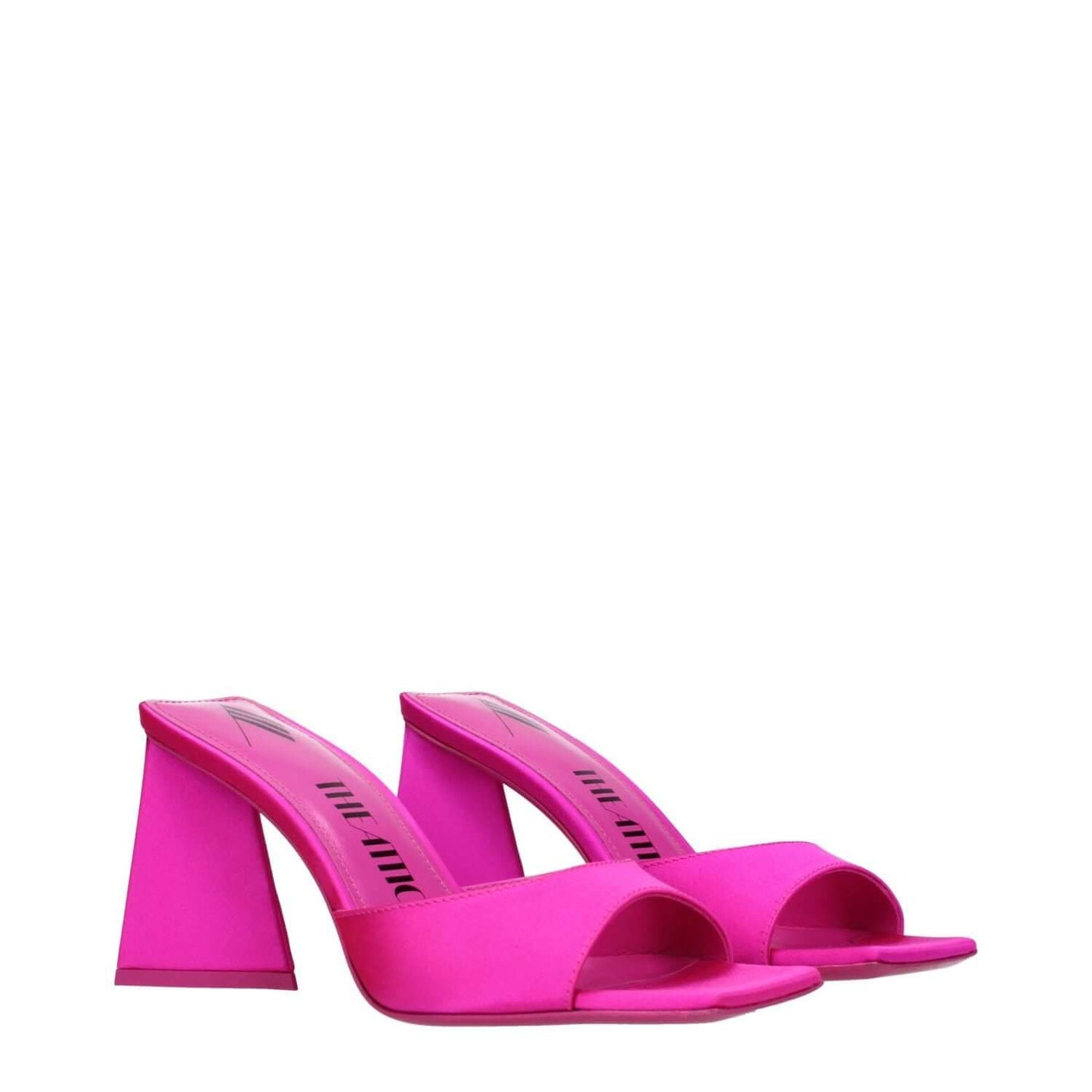 The Attico Pink Satin Stiletto Heel Sandals in fuchsia with 8.5 cm mid heels and open toe design.