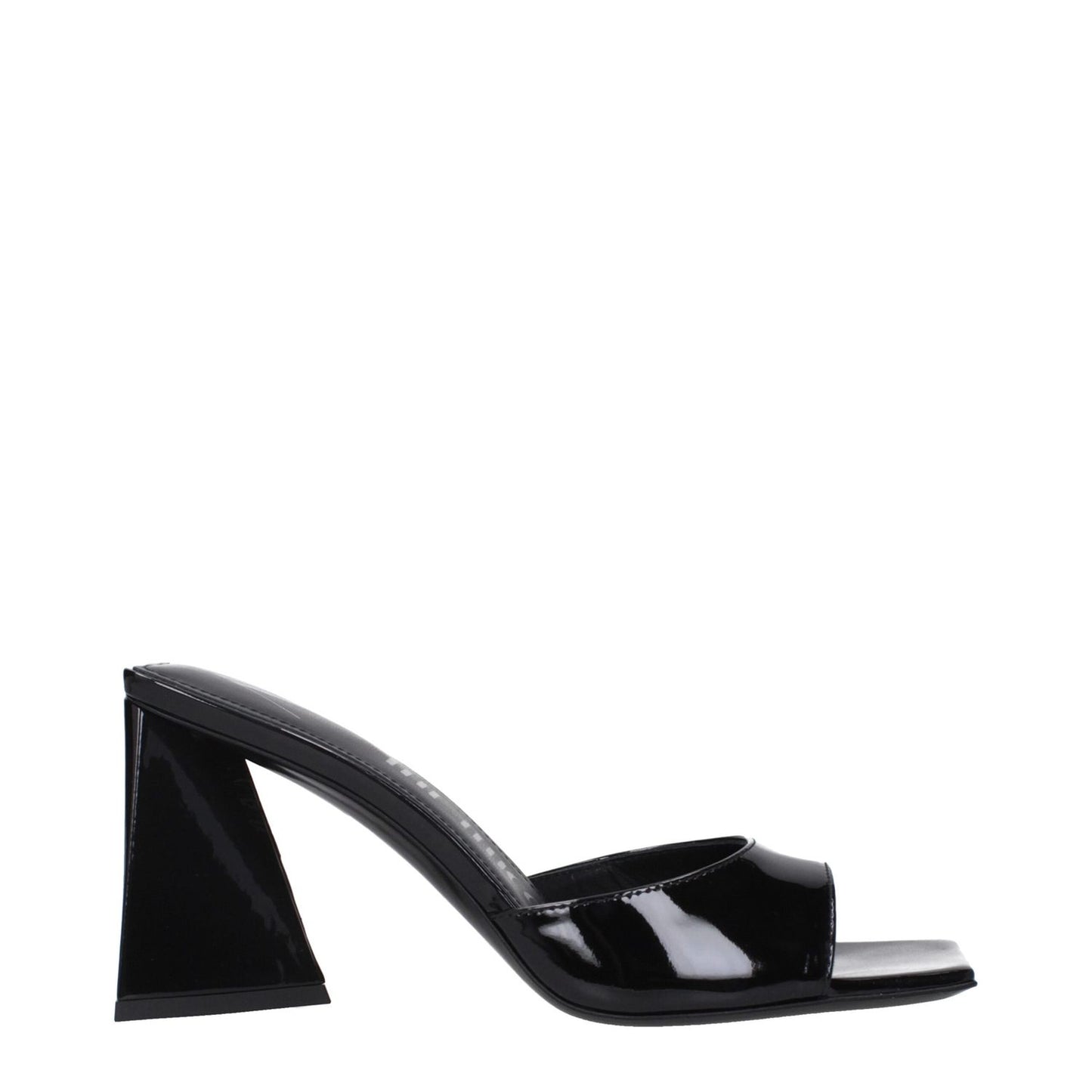 The Attico Black Leather Stiletto Heel Sandals with mid heels and open toe design, featuring patent leather and leather sole.
