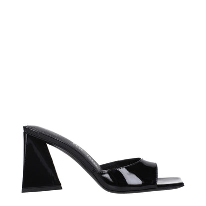 The Attico Black Leather Stiletto Heel Sandals with mid heels and open toe design, featuring patent leather and leather sole.