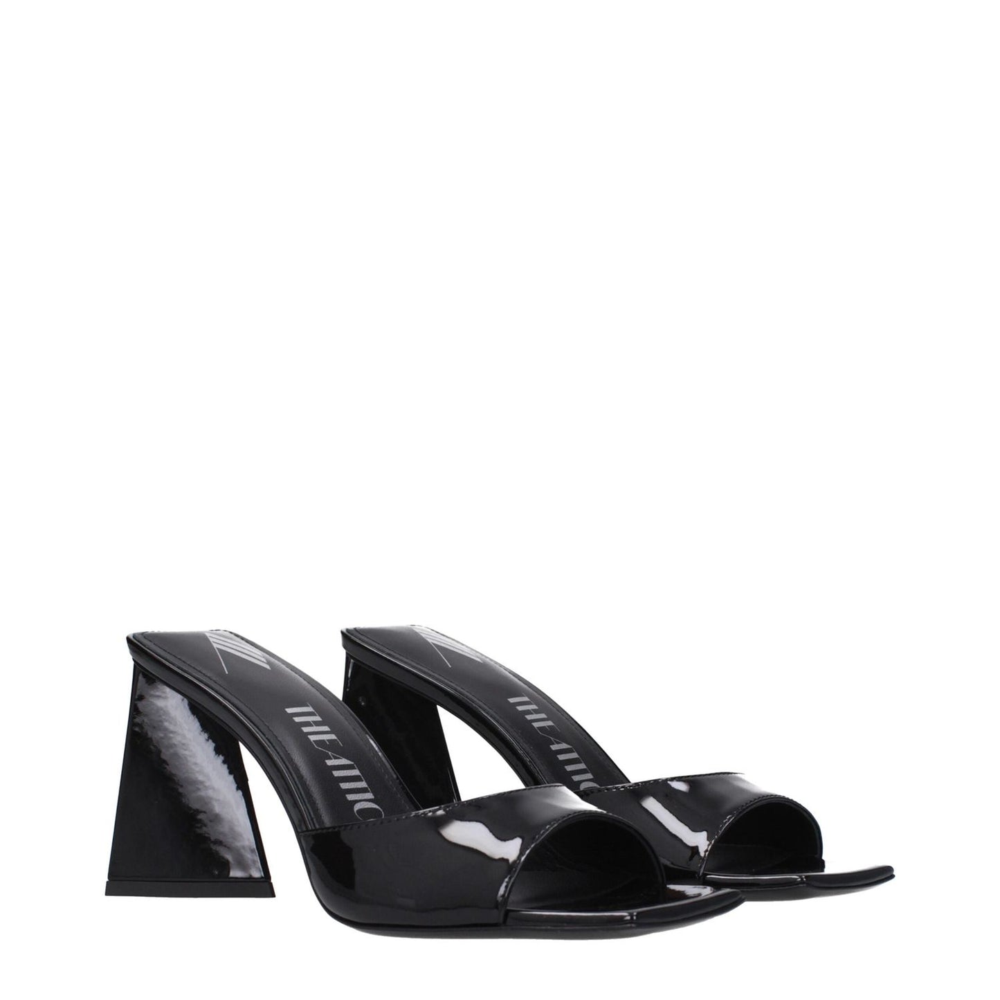 The Attico Black Leather Stiletto Heel Sandals made of patent leather with mid heels and open toe design, heel height 8.5 cm.