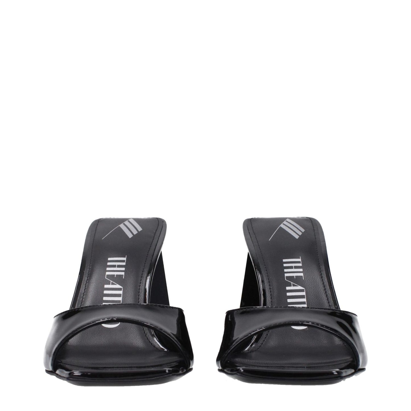 The Attico Black Leather Stiletto Heel Sandals with open toe and mid heels, made of patent leather, viewed from the front.