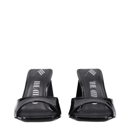 The Attico Black Leather Stiletto Heel Sandals with open toe and mid heels, made of patent leather, viewed from the front.